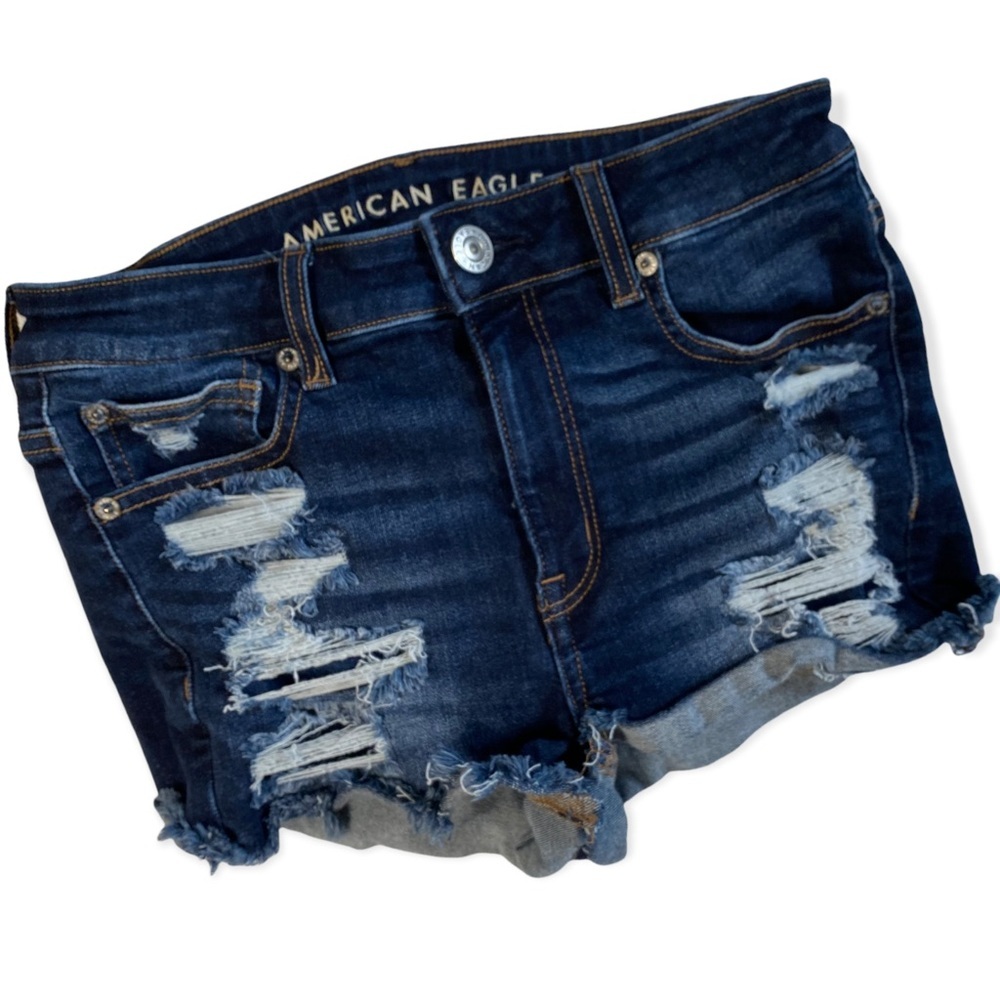 American Eagle Destroyed Next Level Stretch High Rise Shortie Jean Shorts 6